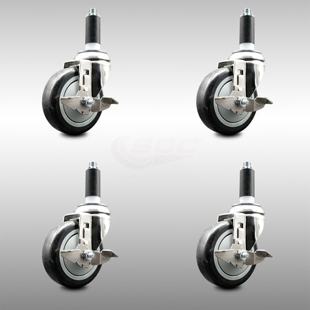Service Caster 4 Inch 316SS Black Poly Swivel 1 Inch Expanding Stem Caster Set Brake SCC SCC-SS316EX20S414-PPUB-BLK-TLB-1-4